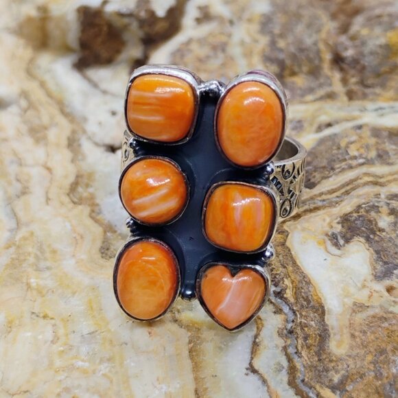 Southwest Sterling Silver Orange Spiny Oyster Shell Cluster Ring Size 6 Handmade - Picture 1 of 9